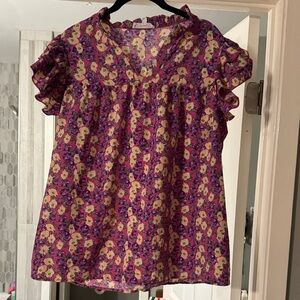 Floral Ruffle Sleeve Blouse - Purple and Cream